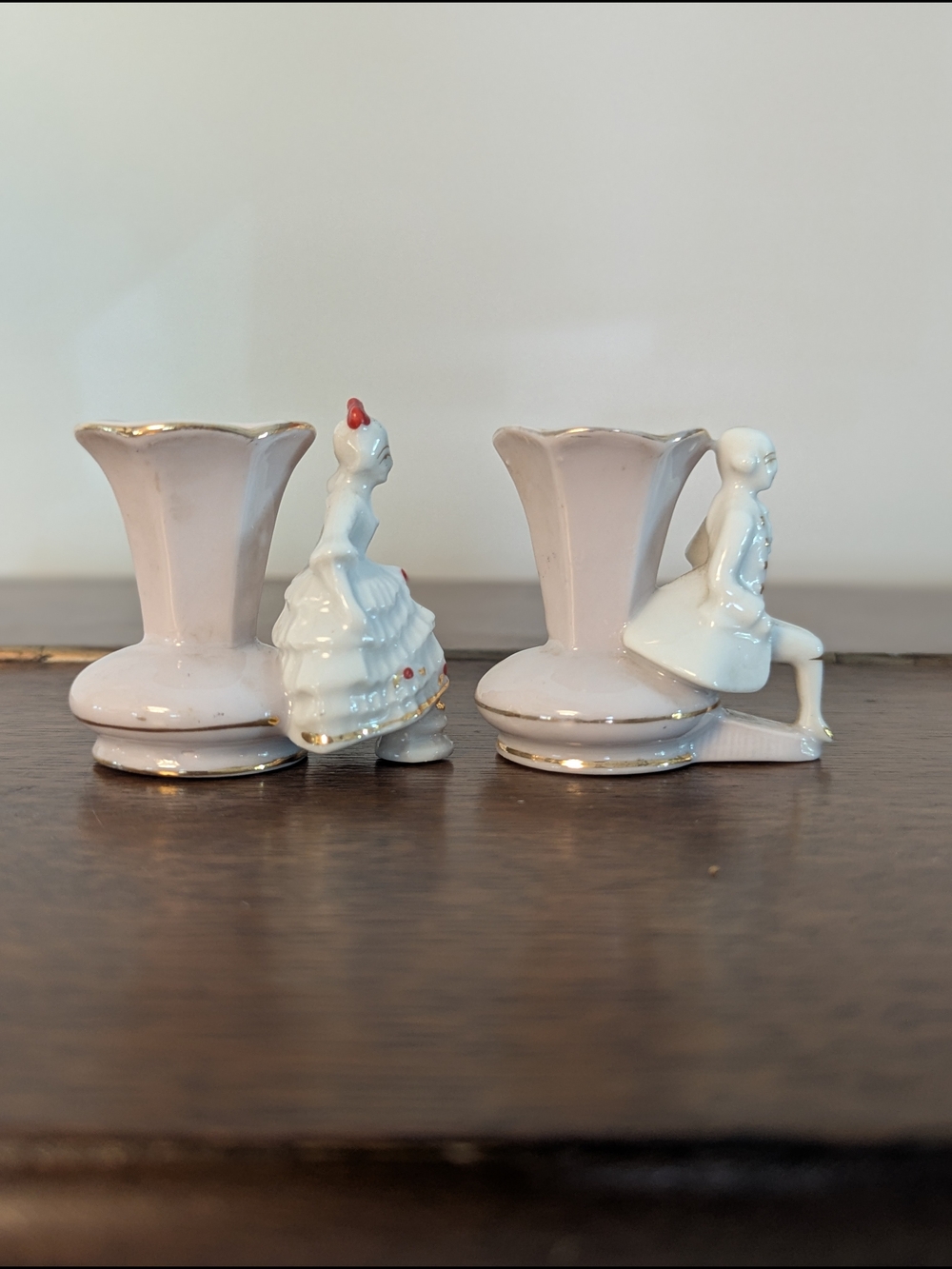 Porcelain Courting Couple Miniature Bud Vases - Set of 2 Pink Gold Trim